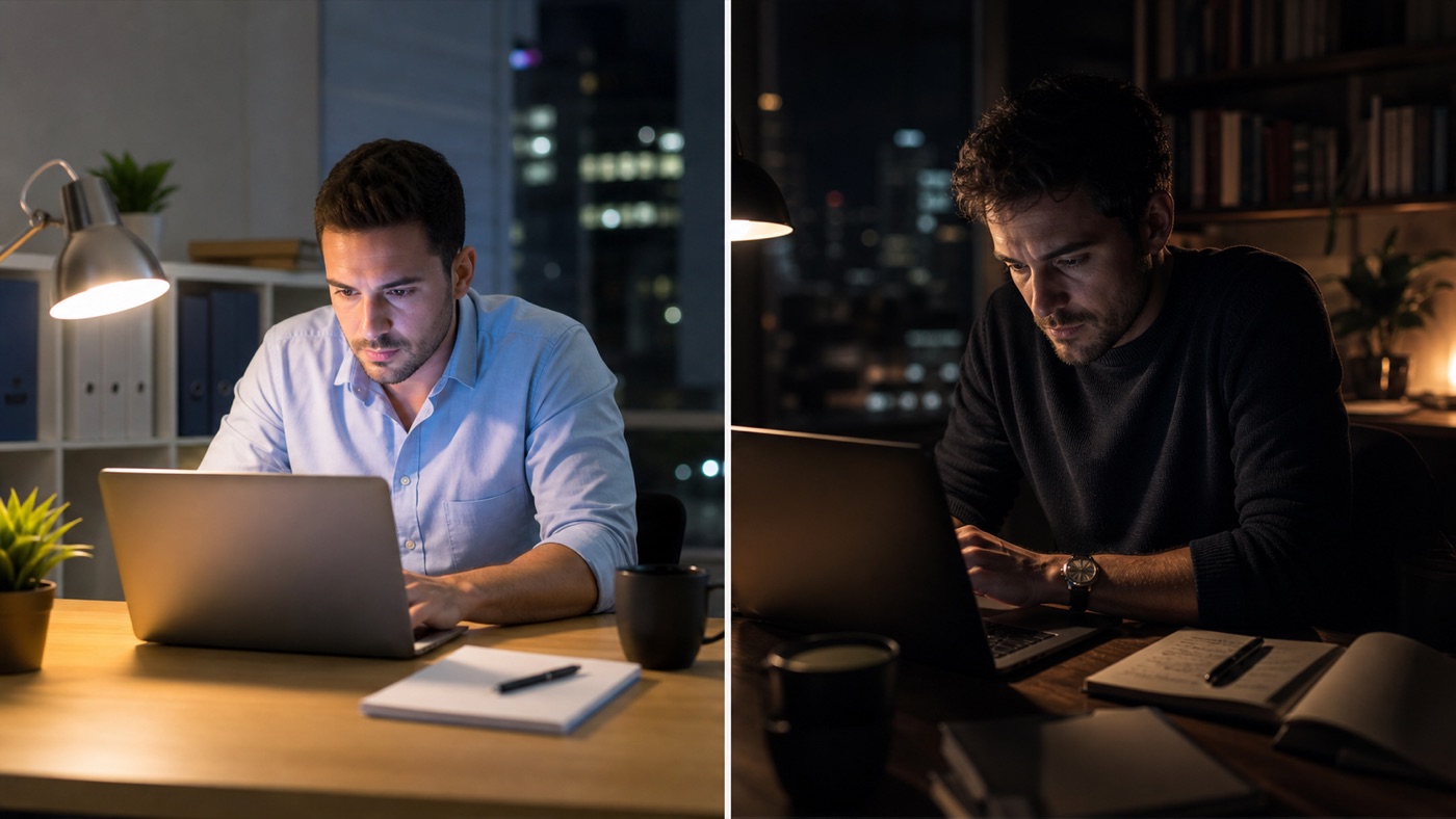 Side-by-side AI-generated founder portrait: the vague prompt looks like a generic stock photo, while the exact-terms prompt looks like editorial photography with cinematic lighting.